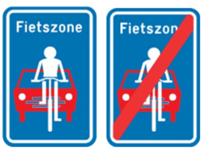 Twee verkeersborden: links het begin van een fietszone, rechts het einde van een fietszone.